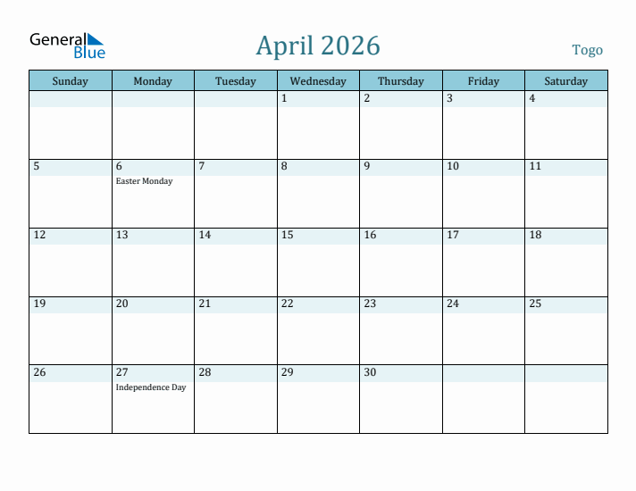 April 2026 Calendar with Holidays