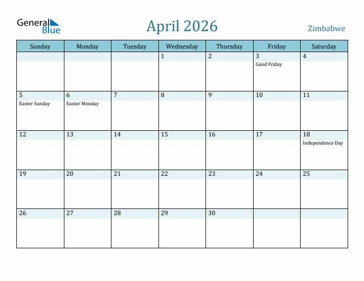 April 2026 Calendar with Holidays