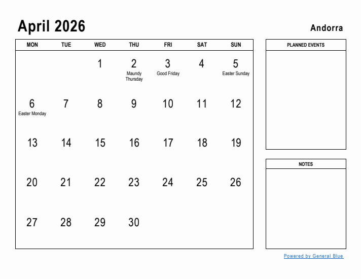 April 2026 Printable Monthly Calendar with Andorra Holidays