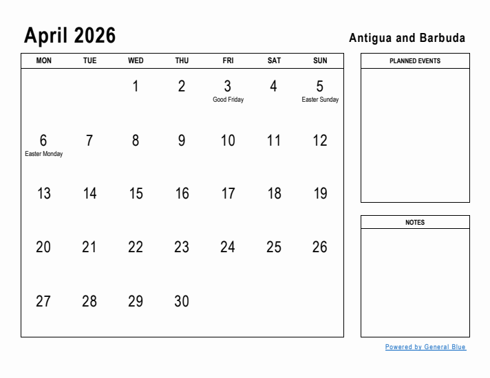 April 2026 Printable Monthly Calendar with Antigua and Barbuda Holidays