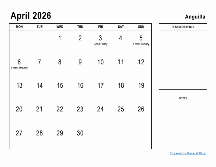 April 2026 Printable Monthly Calendar with Anguilla Holidays