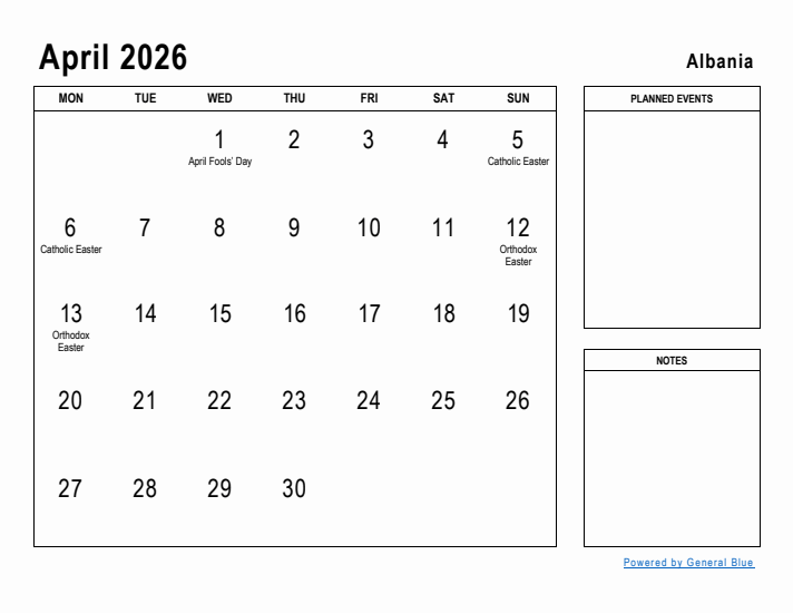 April 2026 Printable Monthly Calendar with Albania Holidays