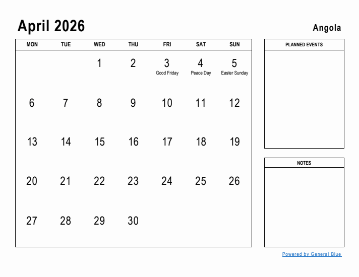 April 2026 Printable Monthly Calendar with Angola Holidays