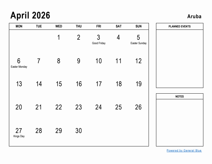 April 2026 Printable Monthly Calendar with Aruba Holidays