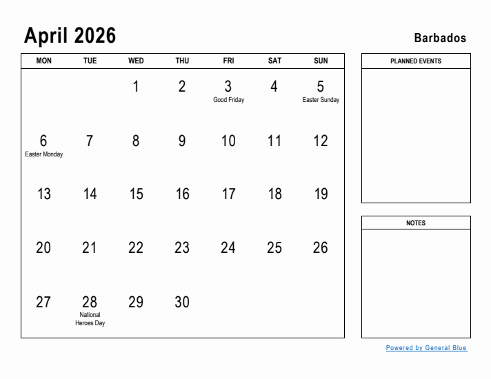 April 2026 Printable Monthly Calendar with Barbados Holidays