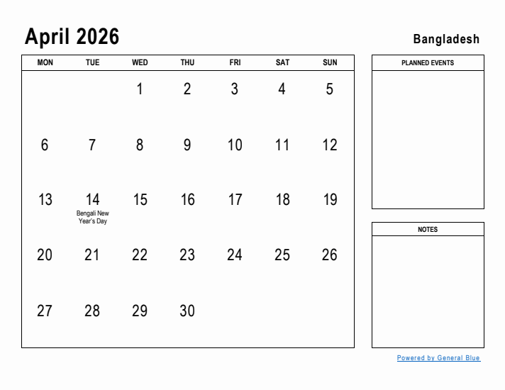 April 2026 Printable Monthly Calendar with Bangladesh Holidays