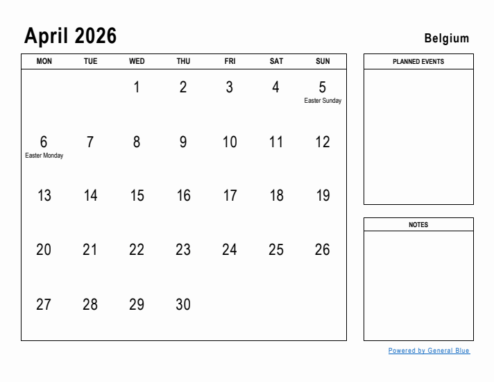 April 2026 Printable Monthly Calendar with Belgium Holidays