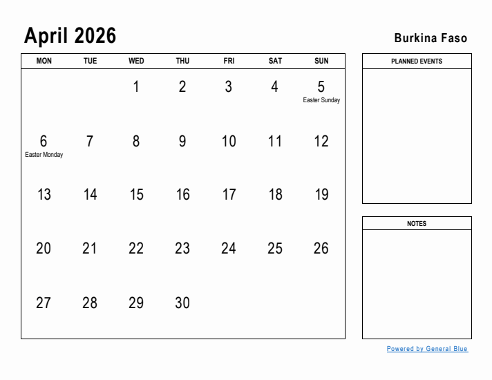 April 2026 Printable Monthly Calendar with Burkina Faso Holidays