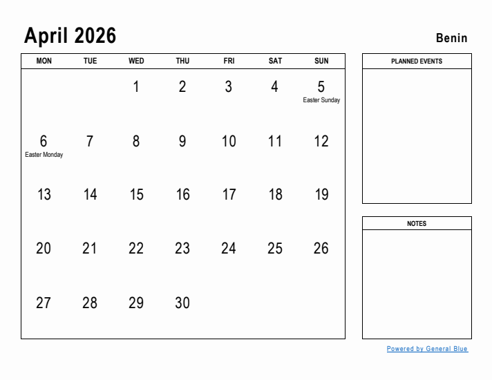 April 2026 Printable Monthly Calendar with Benin Holidays