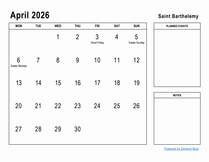 April 2026 Printable Monthly Calendar with Saint Barthelemy Holidays