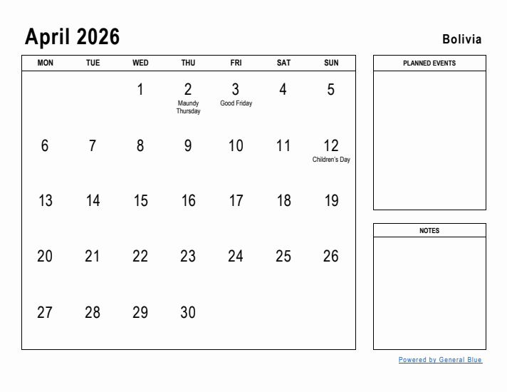 April 2026 Printable Monthly Calendar with Bolivia Holidays