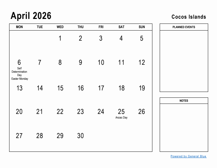 April 2026 Printable Monthly Calendar with Cocos Islands Holidays