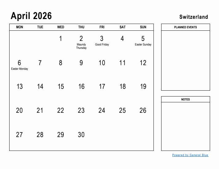 April 2026 Printable Monthly Calendar with Switzerland Holidays