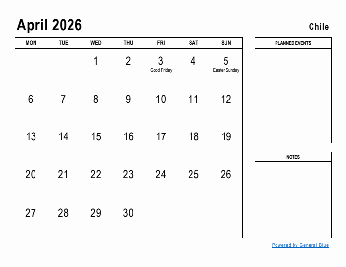 April 2026 Printable Monthly Calendar with Chile Holidays