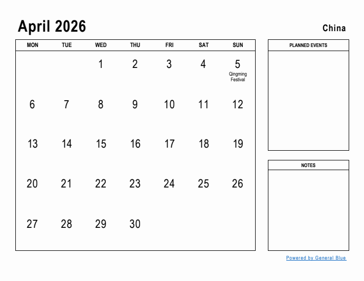 April 2026 Printable Monthly Calendar with China Holidays