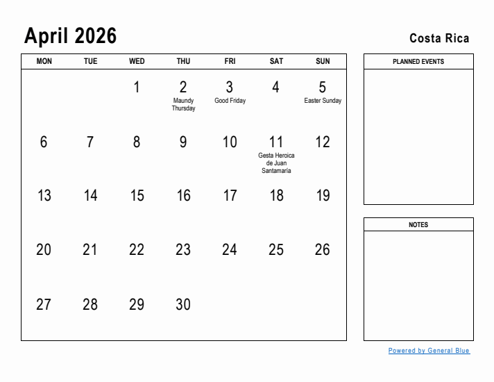 April 2026 Printable Monthly Calendar with Costa Rica Holidays