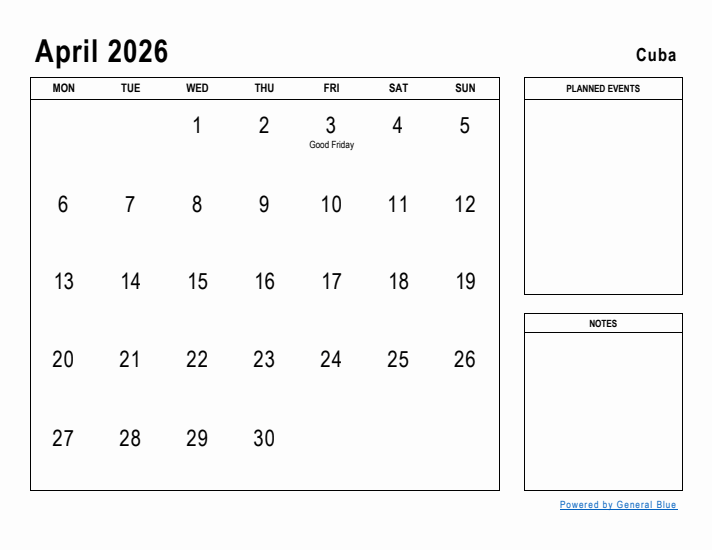 April 2026 Printable Monthly Calendar with Cuba Holidays