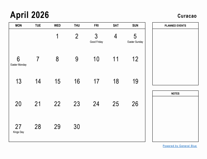 April 2026 Printable Monthly Calendar with Curacao Holidays