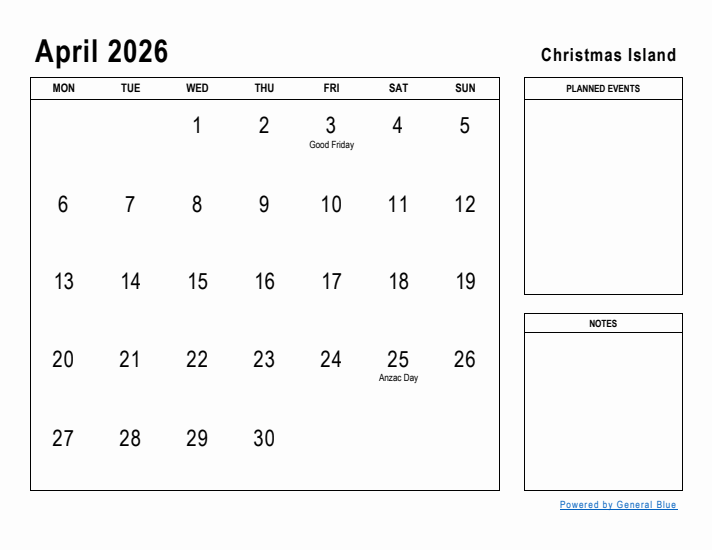 April 2026 Printable Monthly Calendar with Christmas Island Holidays