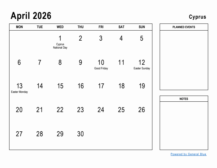 April 2026 Printable Monthly Calendar with Cyprus Holidays