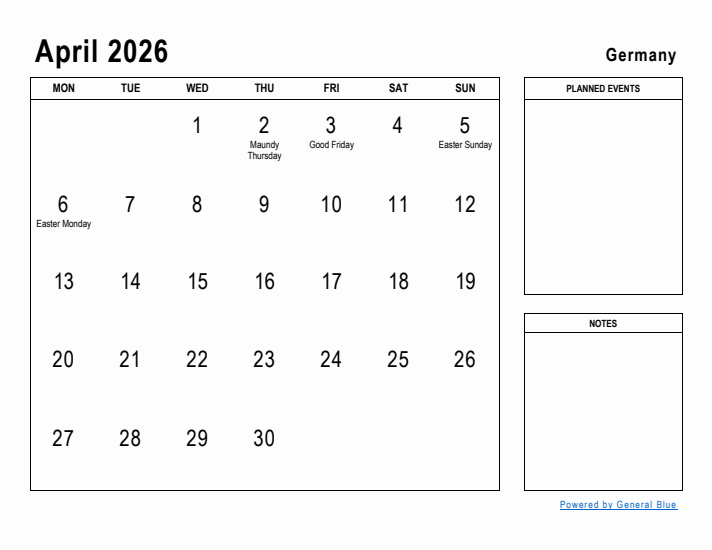 April 2026 Printable Monthly Calendar with Germany Holidays