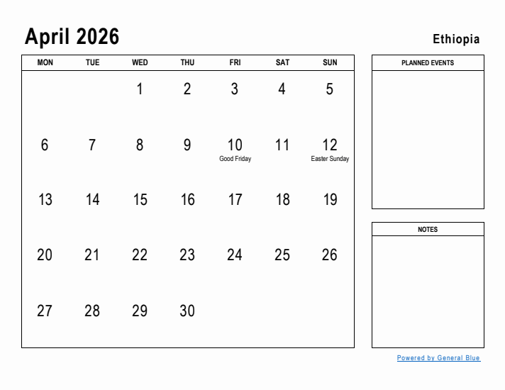 April 2026 Printable Monthly Calendar with Ethiopia Holidays