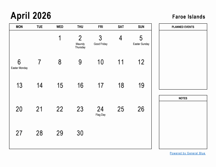 April 2026 Printable Monthly Calendar with Faroe Islands Holidays