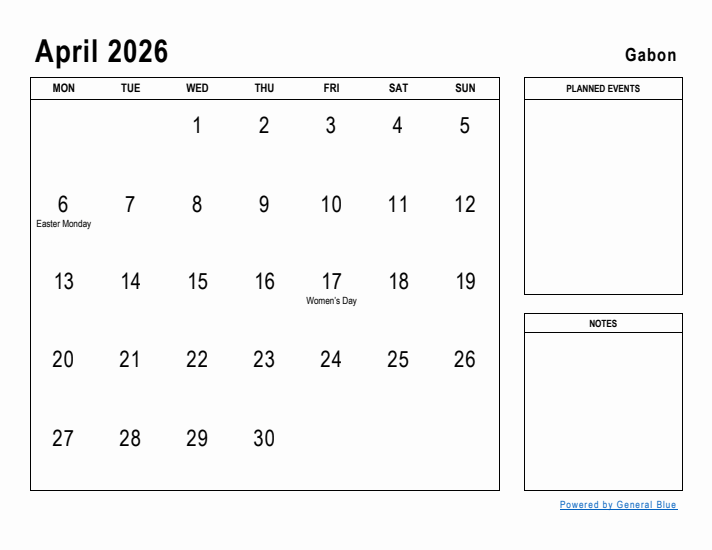 April 2026 Printable Monthly Calendar with Gabon Holidays