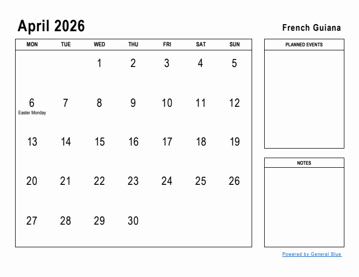 April 2026 Printable Monthly Calendar with French Guiana Holidays