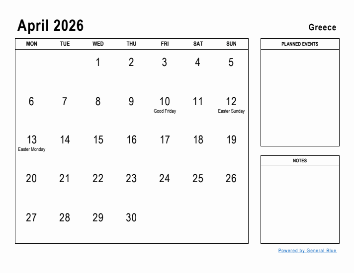 April 2026 Printable Monthly Calendar with Greece Holidays