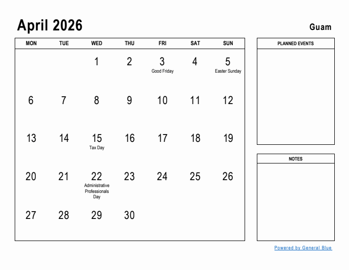 April 2026 Printable Monthly Calendar with Guam Holidays