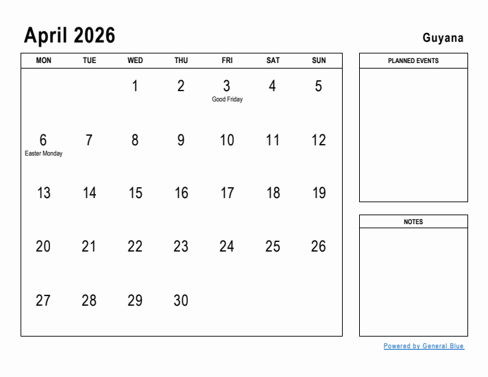 April 2026 Printable Monthly Calendar with Guyana Holidays