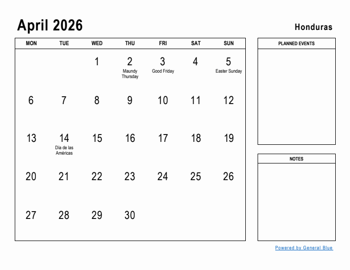 April 2026 Printable Monthly Calendar with Honduras Holidays