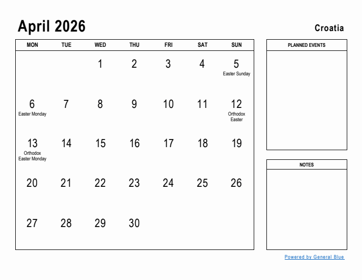 April 2026 Printable Monthly Calendar with Croatia Holidays