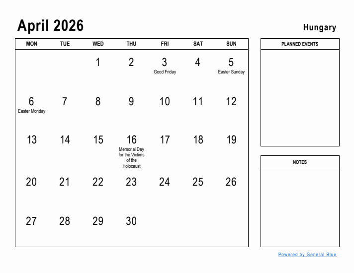 April 2026 Printable Monthly Calendar with Hungary Holidays