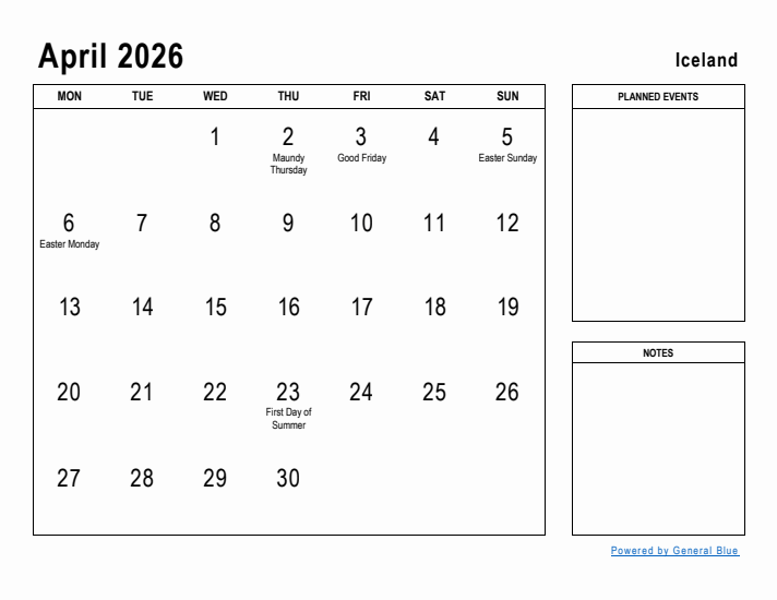 April 2026 Printable Monthly Calendar with Iceland Holidays