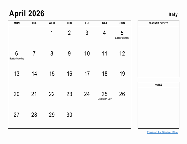 April 2026 Printable Monthly Calendar with Italy Holidays