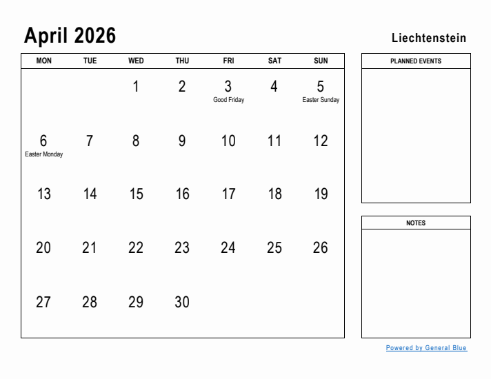 April 2026 Printable Monthly Calendar with Liechtenstein Holidays