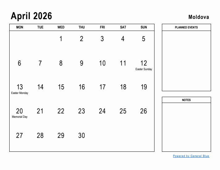 April 2026 Printable Monthly Calendar with Moldova Holidays