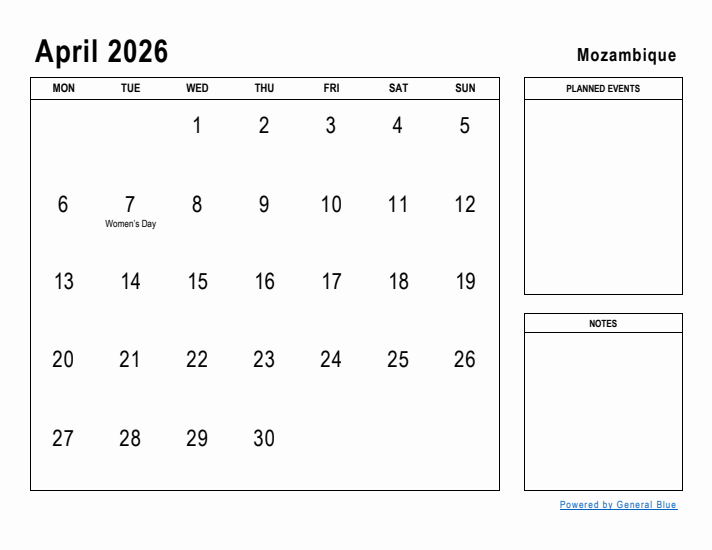 April 2026 Printable Monthly Calendar with Mozambique Holidays