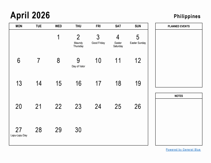 April 2026 Printable Monthly Calendar with Philippines Holidays