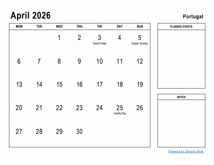 April 2026 Printable Monthly Calendar with Portugal Holidays