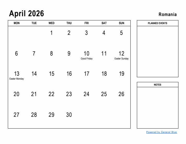 April 2026 Printable Monthly Calendar with Romania Holidays