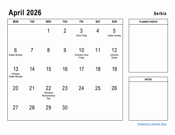 April 2026 Printable Monthly Calendar with Serbia Holidays