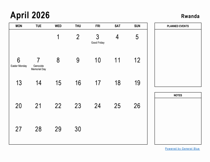 April 2026 Printable Monthly Calendar with Rwanda Holidays