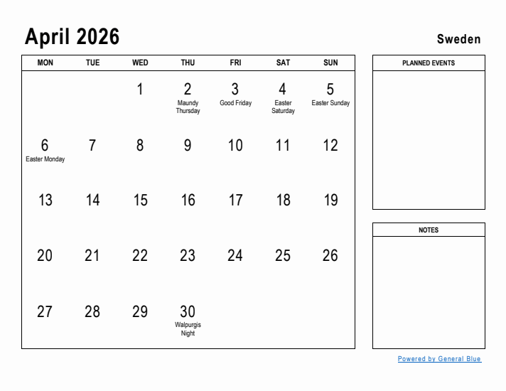 April 2026 Printable Monthly Calendar with Sweden Holidays