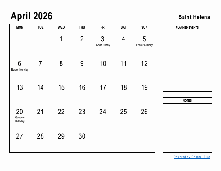 April 2026 Printable Monthly Calendar with Saint Helena Holidays