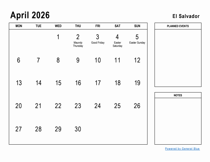 April 2026 Printable Monthly Calendar with El Salvador Holidays