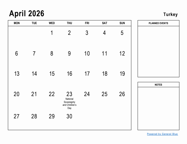 April 2026 Printable Monthly Calendar with Turkey Holidays