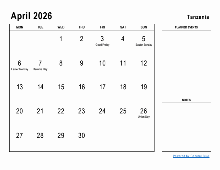 April 2026 Printable Monthly Calendar with Tanzania Holidays